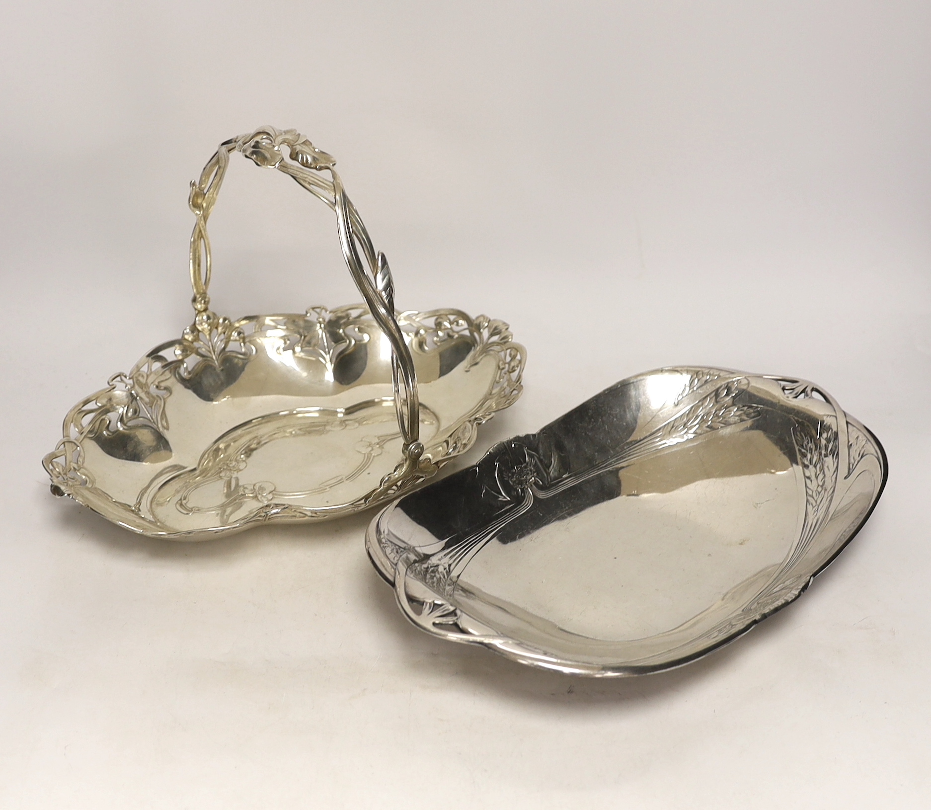 A WMF Art Nouveau dish with swing handle and a Gallia Christofle silver plated dish, 33cm wide